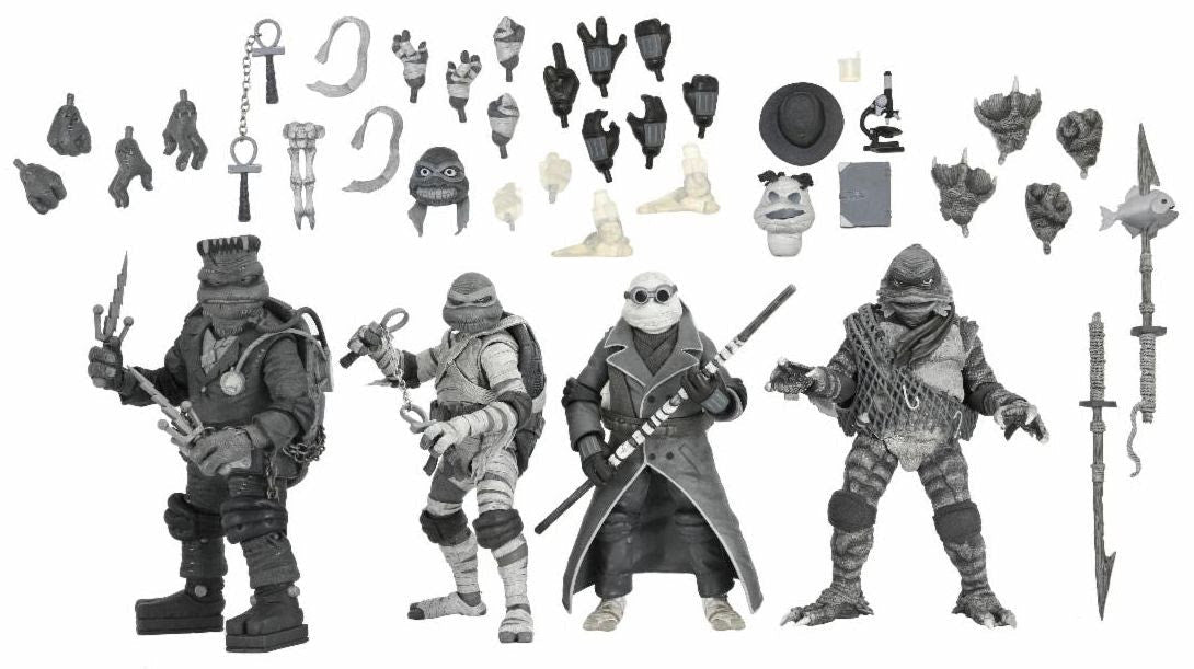 Universal Monsters x TMNT: Black & White Turtles 4 Pack - 7" Scale Figure Set - NECA